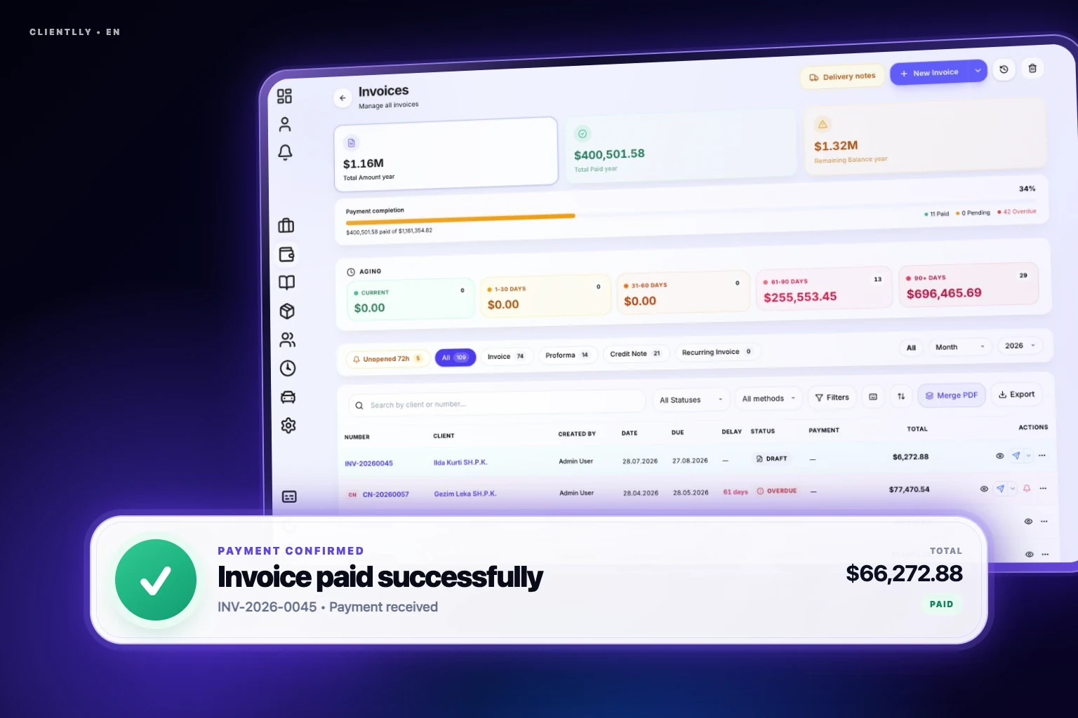 Clientlly Invoices — Issue, track and chase every invoice.